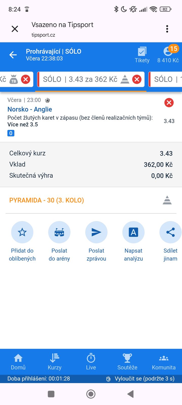 Tiket SÓLO · žluté karty Norsko–Anglie 3.43 — MS fotbal 2026, sázkařský deník LP75