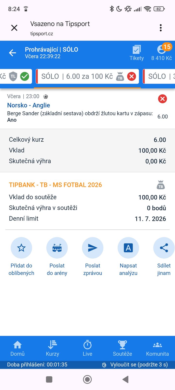 Tiket SÓLO · Berge žlutá karta 6.00 — MS fotbal 2026, sázkařský deník LP75