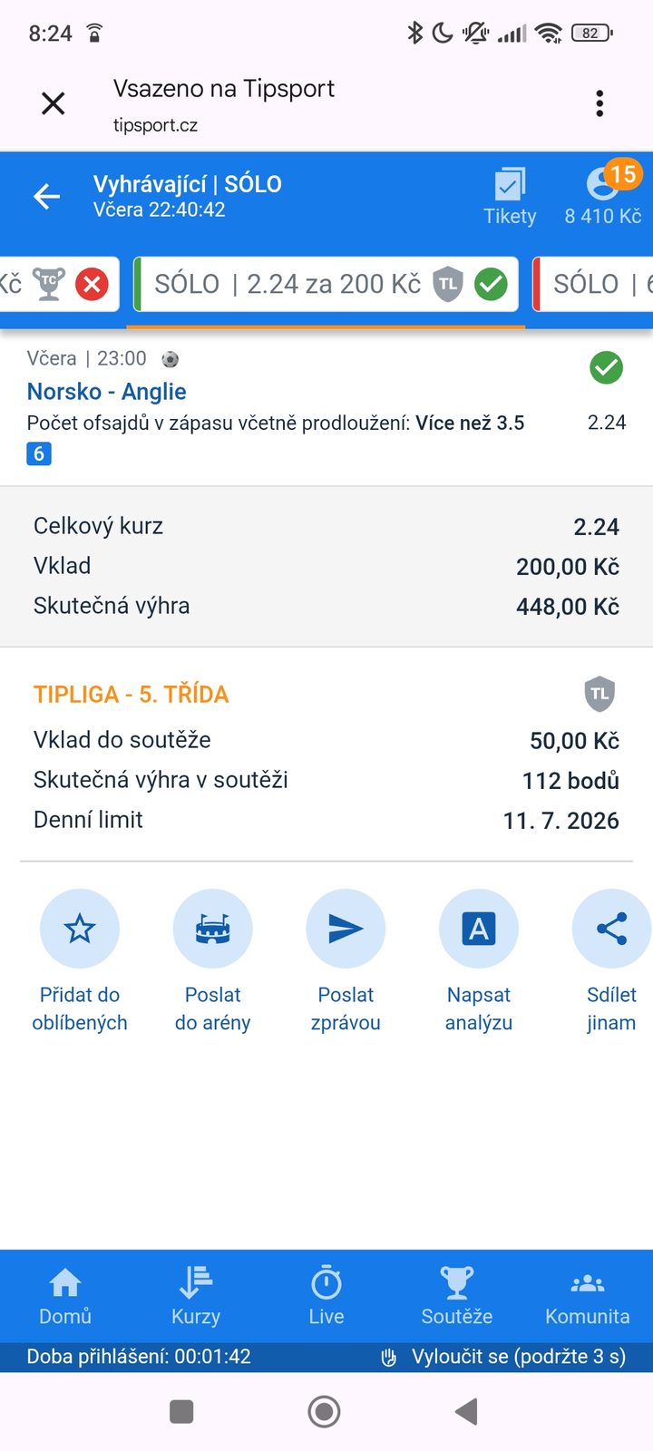 Tiket SÓLO · ofsajdy Norsko–Anglie 2.24 — výhra 448 Kč — MS fotbal 2026, sázkařský deník LP75