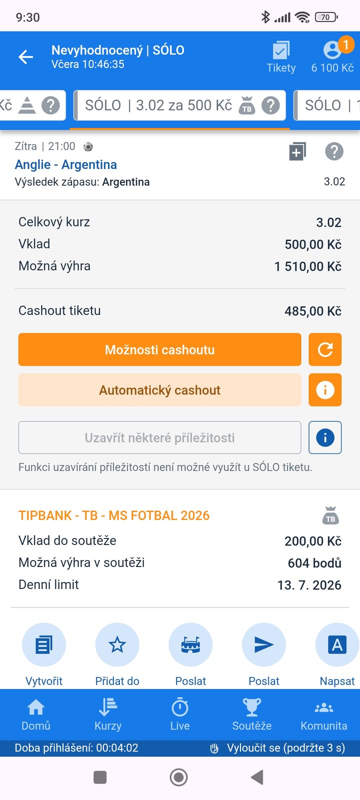 Tiket SÓLO · výsledek zápasu Argentina 3.02 — MS fotbal 2026, sázkařský deník LP75
