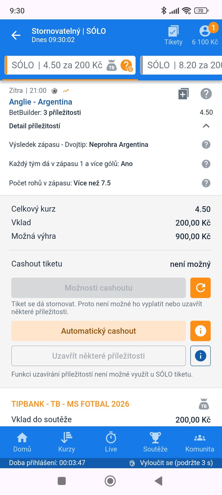 Tiket BetBuilder Anglie–Argentina 4.50 — MS fotbal 2026, sázkařský deník LP75