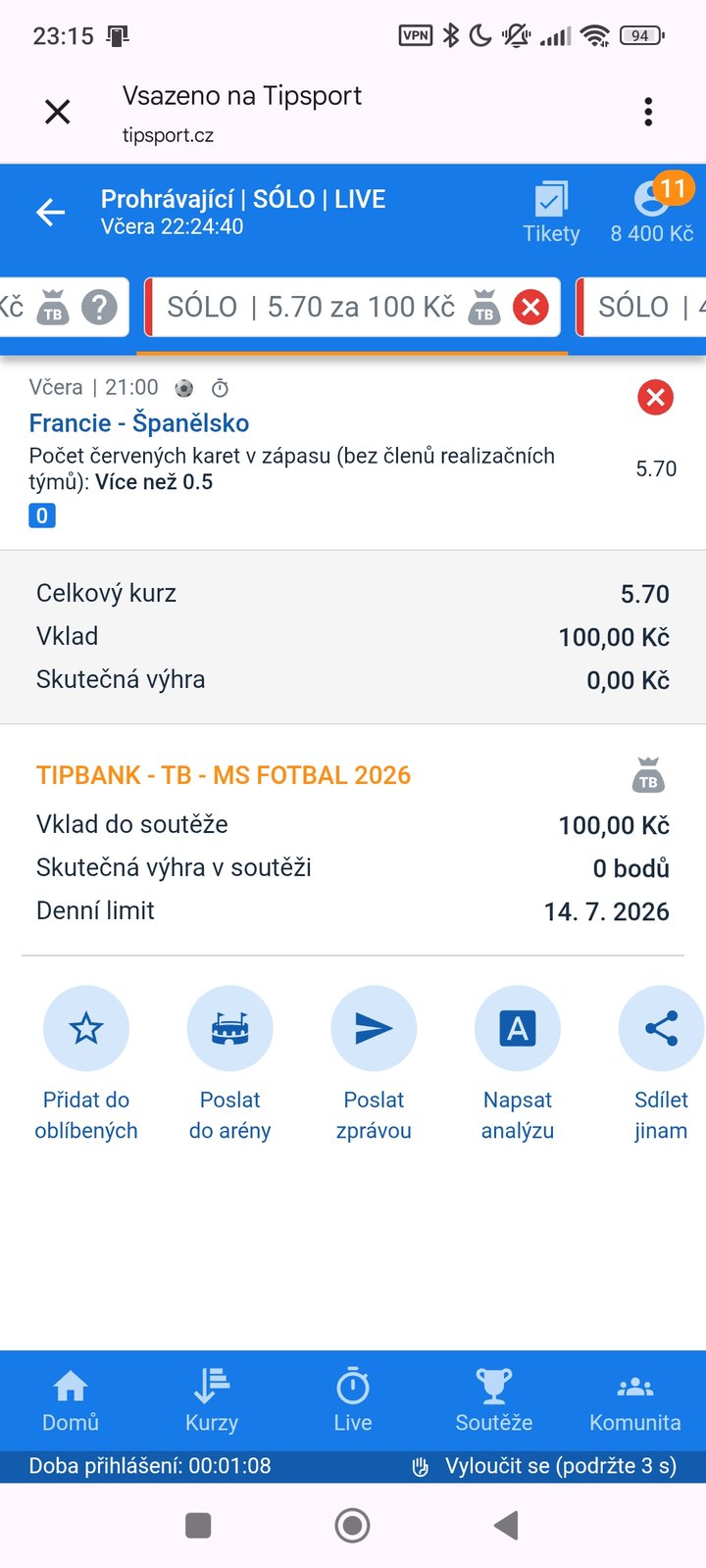 Tiket SÓLO LIVE · červená karta Francie–Španělsko 5.70 — MS fotbal 2026, sázkařský deník LP75