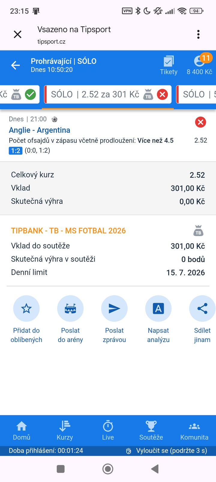Tiket SÓLO · ofsajdy Anglie–Argentina více než 4,5 kurz 2.52 — MS fotbal 2026, sázkařský deník LP75