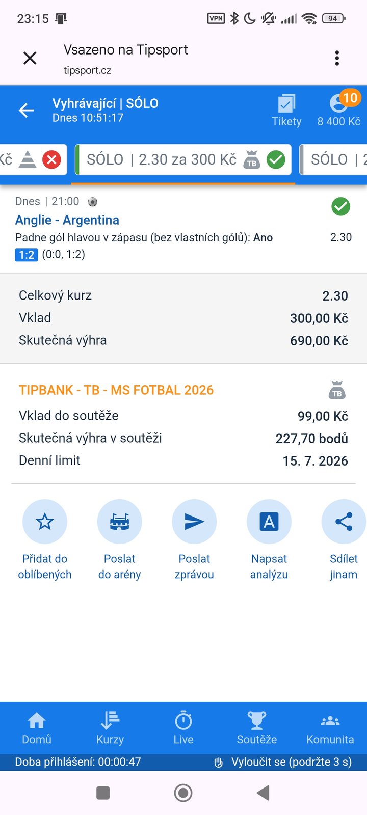 Tiket SÓLO · gól hlavou Anglie–Argentina 2.30 — MS fotbal 2026, sázkařský deník LP75