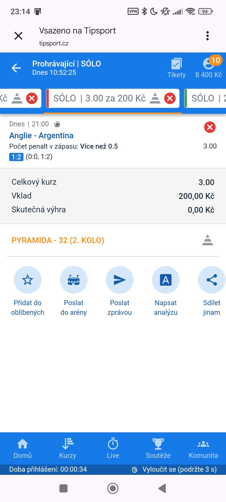 Tiket SÓLO · penalta v zápase Anglie–Argentina 3.00 — MS fotbal 2026, sázkařský deník LP75