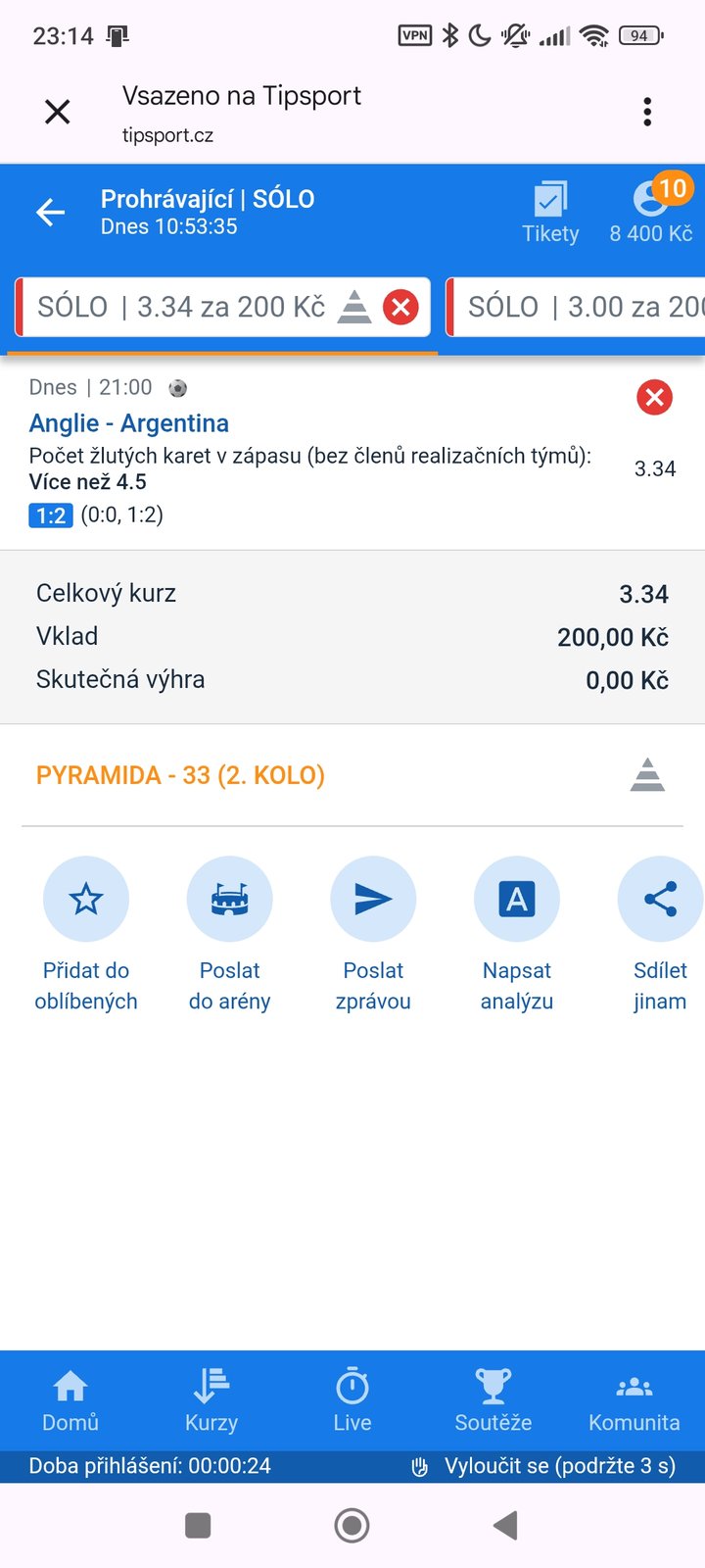 Tiket SÓLO · žluté karty Anglie–Argentina více než 4,5 kurz 3.34 — MS fotbal 2026, sázkařský deník LP75