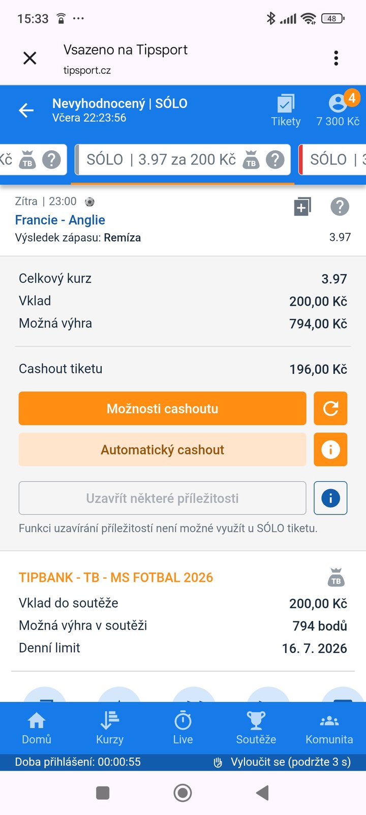 Tiket SÓLO · výsledek zápasu Remíza 3.97 — MS fotbal 2026, sázkařský deník LP75