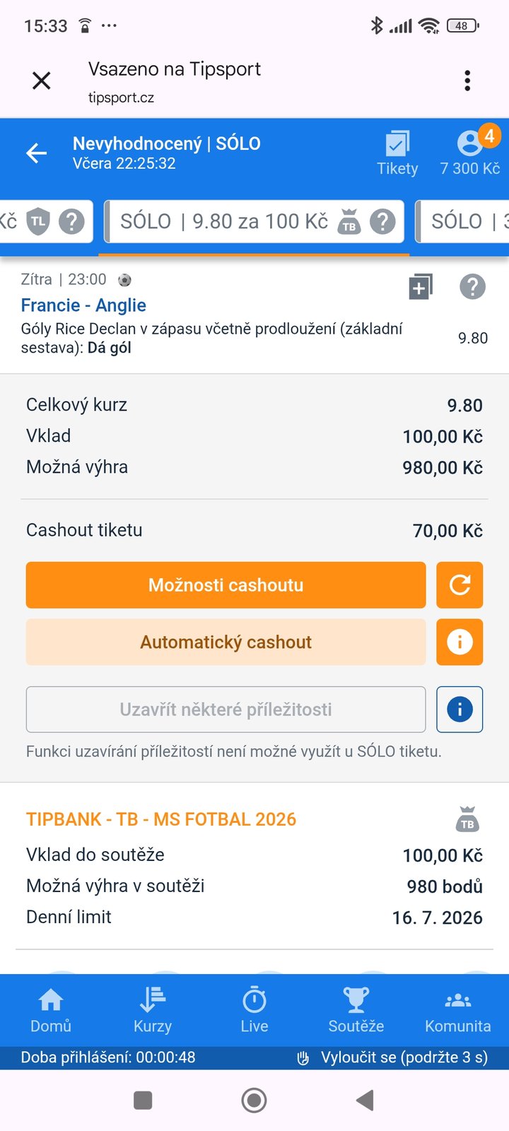 Tiket SÓLO · Rice dá gól 9.80 — MS fotbal 2026, sázkařský deník LP75