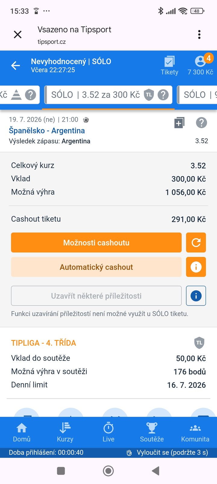 Tiket SÓLO · výsledek zápasu Argentina 3.52 — MS fotbal 2026, sázkařský deník LP75