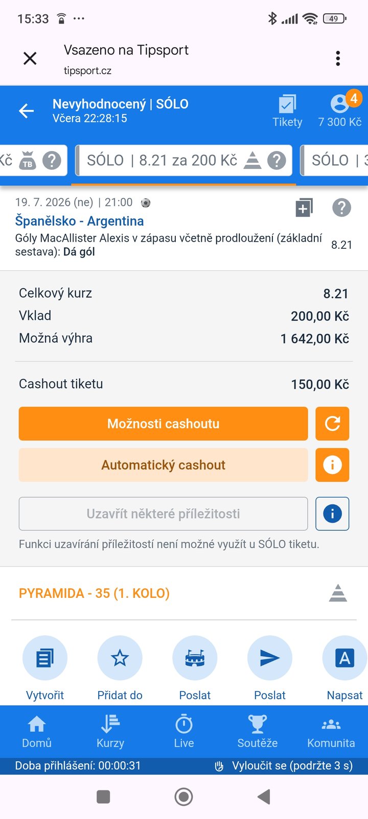 Tiket SÓLO · MacAllister dá gól 8.21 — MS fotbal 2026, sázkařský deník LP75