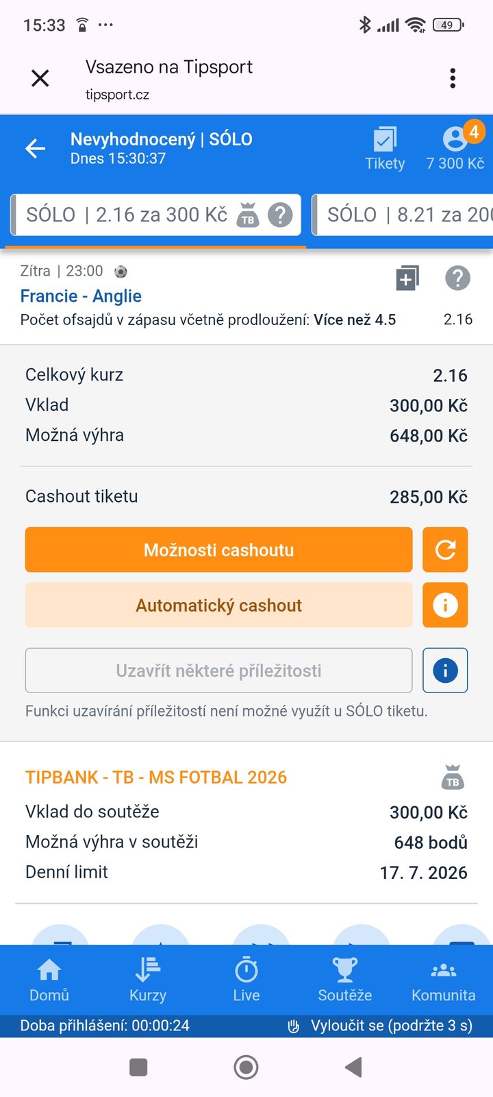 Tiket SÓLO · ofsajdy Francie–Anglie více než 4,5 kurz 2.16 — MS fotbal 2026, sázkařský deník LP75