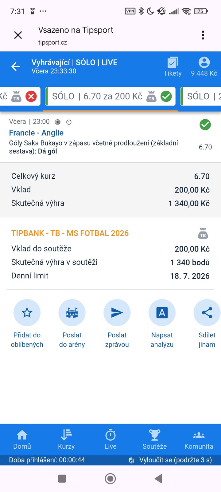 Live tiket Saka dá gól kurz 6.70 — zápas o bronz MS 2026