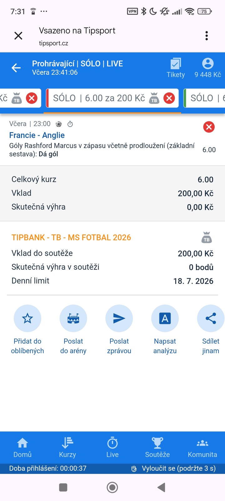 Live tiket Rashford dá gól kurz 6.00 — zápas o bronz MS 2026