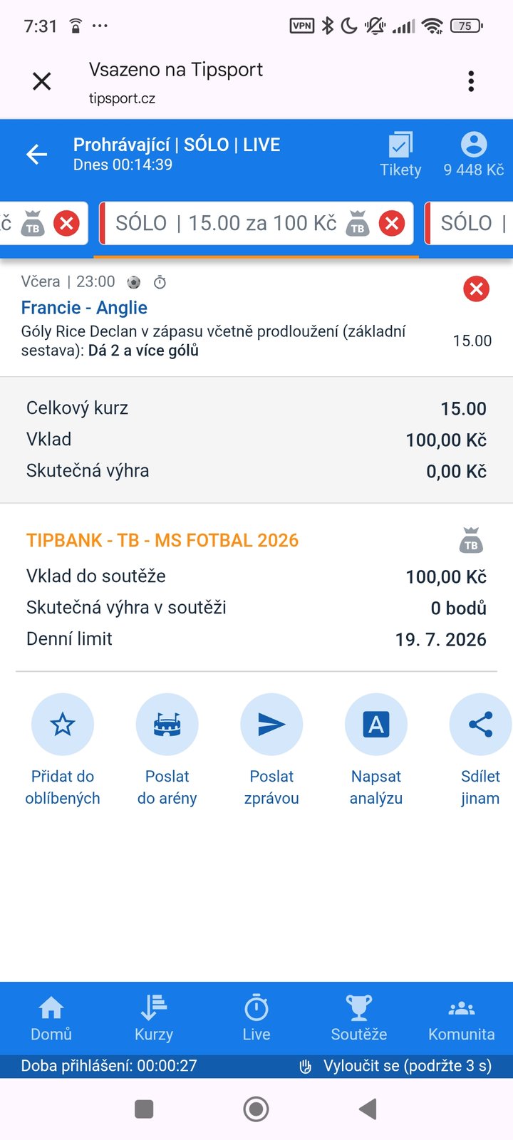 Live tiket Rice dá dva a více gólů kurz 15.00 — zápas o bronz MS 2026