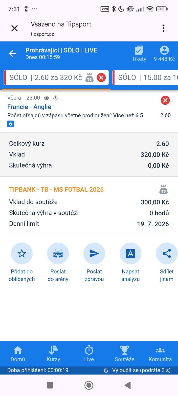 Live tiket ofsajdy více než 6,5 kurz 2.60 — zápas o bronz MS 2026